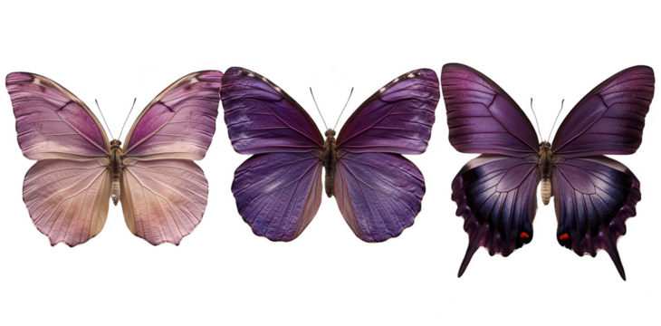 set of purple butterflies isolated on transparent or white background