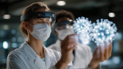 Futuristic laboratory scene where scientists in AR headsets manipulate glowing virus models, expressing determination and curiosity, representing biotech innovation, virology research, and - Powered by Adobe