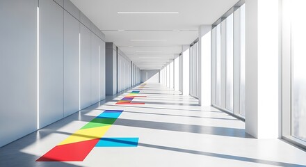 A long, bright corridor with colorful floor accents, creating a zoom background effect