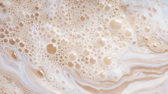 Thick frothy texture of white beverage foam, bubbles in various sizes creating organic surface patterns