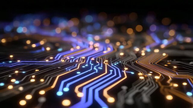 Stylized circuit board pattern with intricate microchip layout, neon highlights along conductive paths, representing high-tech innovation