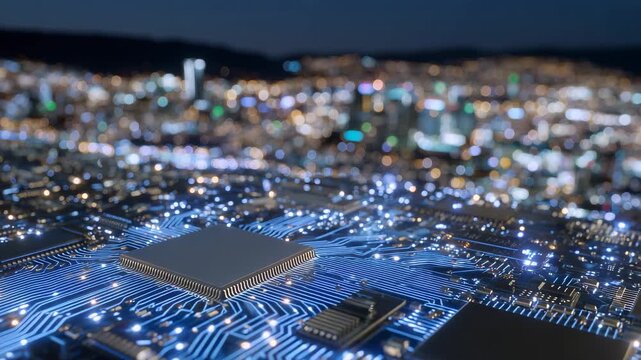 Top-down perspective of complex circuit board patterns, microprocessors and intricate solder lines glowing subtly, symbolizing futuristic engineering concepts