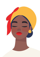 Elegant woman with a headscarf enjoying a peaceful moment in vibrant flat colors