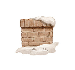 Christmas vintage cartoon cute brick chimney with snow and bird tracks isolated on white background. Watercolor and pencil hand drawn illustration sketch