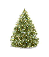 Watercolor classical vintage green Christmas tree with luminous shiny garland lights isolated on white background. Watercolor and pencil hand drawn illustration sketch