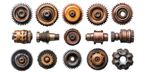 set of rusty old cog wheels isolated on transparent or white background