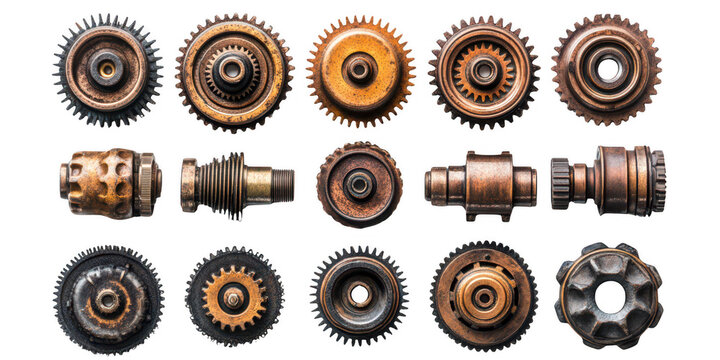 set of rusty old cog wheels isolated on transparent or white background