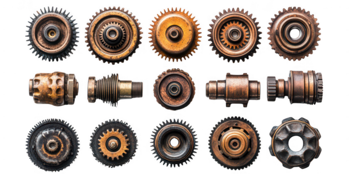 set of rusty old cog wheels isolated on transparent or white background