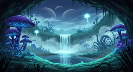 Enchanting bioluminescent mushroom forest with a mystical waterfall.