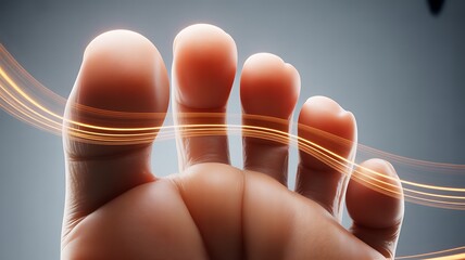 Closeup of a human foot with glowing lines
