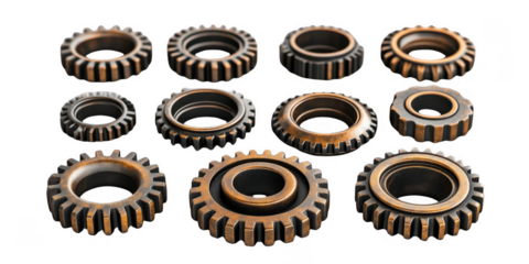 set of rusty old cog wheels isolated on transparent or white background