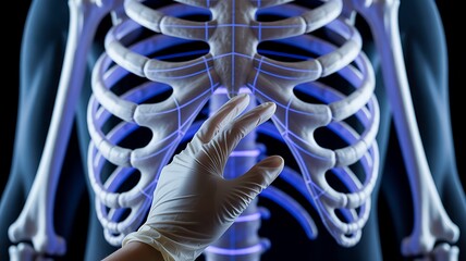 Gloved hand touching a glowing blue human rib cage skeleton