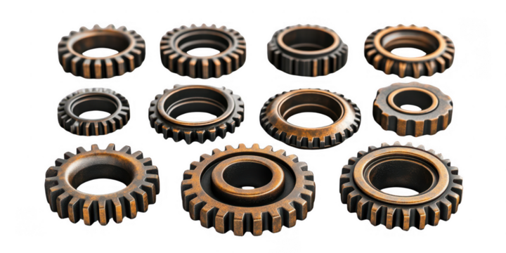 set of rusty old cog wheels isolated on transparent or white background