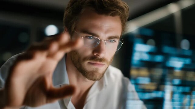 Legal analyst surrounded by floating holographic texts and AI recommendations, symbolizing knowledge automation, machine reasoning, and high-efficiency jurisprudence research. cinematic color