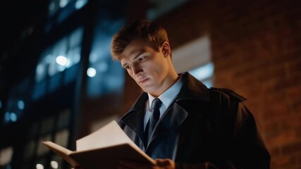 Modern detective standing in a dark alley scanning environment with AR interface highlighting clues, symbolizing smart surveillance, digital intelligence, and futuristic police investigation - Powered by Adobe