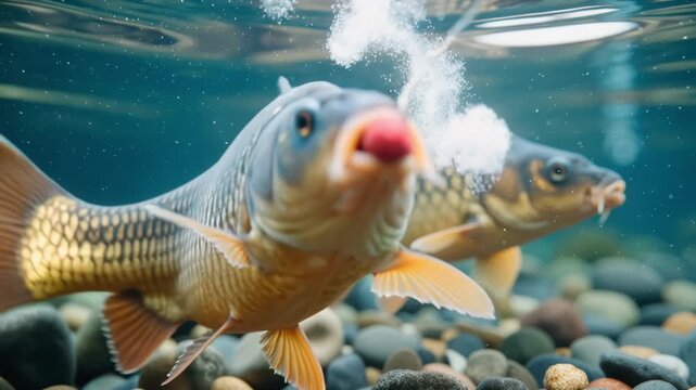 underwater view of carp fish about to bite red fishing bait on hook