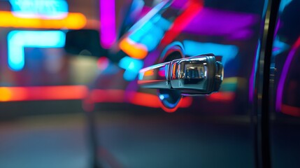 Vibrant neon reflections on a sleek car door handle evoke modern travel and urban design aesthetics