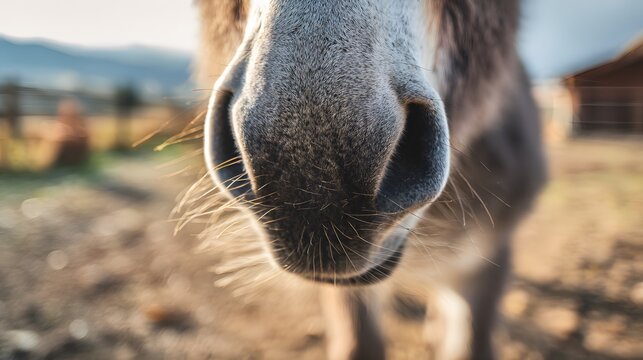 Gentle donkey portrait evokes rustic farm charm soft fur texture warm rural scene peaceful animal close up