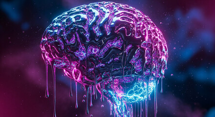 Futuristic dripping brain concept with neon lights offers a creative visual for innovation, AI, mental health, and technological advancement projects