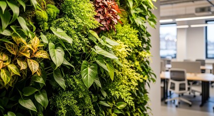 A vibrant green living wall provides a natural zoom background for a modern office space