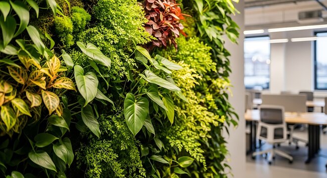 A vibrant green living wall provides a natural zoom background for a modern office space