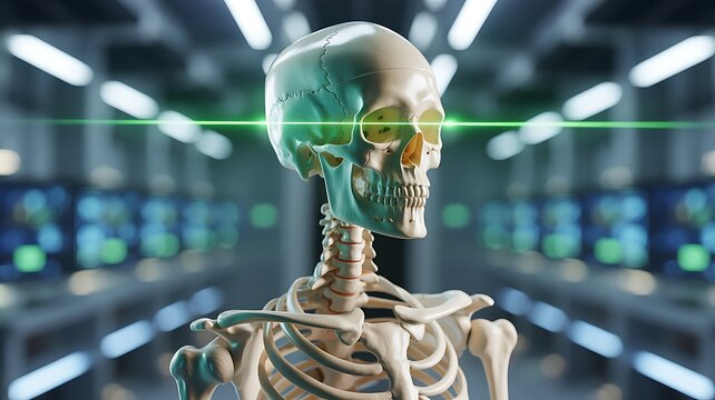 Human skeleton with futuristic green laser scanning the eye