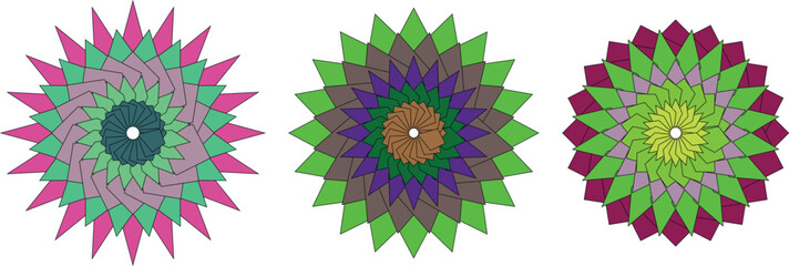 Colorful geometric flower mandala pattern vector illustration with layered petals in abstract symmetry, modern kaleidoscope design, decorative digital art for textile, wallpaper, or background use.