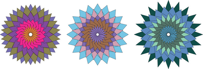 Vibrant geometric mandala flower vector design with layered colorful petals, modern abstract symmetry pattern for decorative art, textile, wallpaper, digital background, and bohemian style concept.