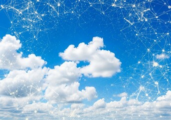 White network connections overlay on bright blue sky with fluffy white clouds image