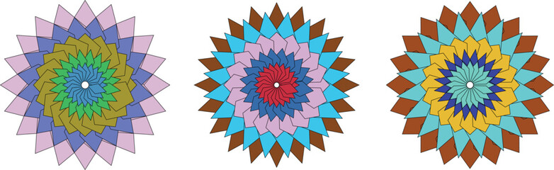 Colorful geometric flower mandala pattern vector illustration with layered petals in abstract symmetry, modern kaleidoscope design, decorative digital art for textile, wallpaper, or background use.