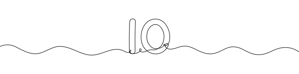Number 10 continuous line vector illustration. Minimalist monoline drawing style for birthday, anniversary, or milestone celebration design.