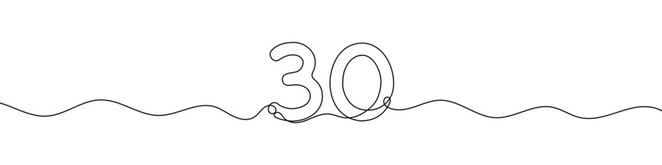 Number 30 continuous line vector illustration. Minimalist monoline drawing style for birthday, anniversary, or milestone celebration design.