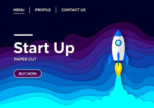 White rocket launching upwards through layered blue and purple paper cut background with text and buy now button