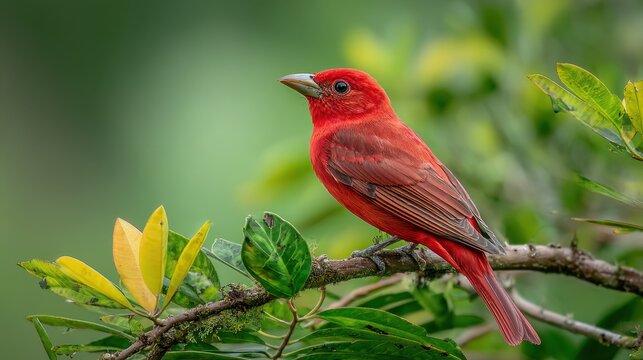 Vibrant Summer Tanager Perched Among Lush Greenery in Sunny Costa Rican Habitat