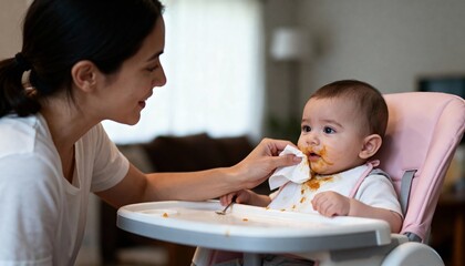 Mom wiping babys face with tissue in natural indoor light with calm intimate mood and food detail