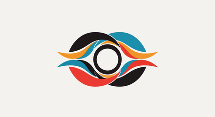 Stylized abstract eye logo with interwoven colorful wave-like shapes on a light background.