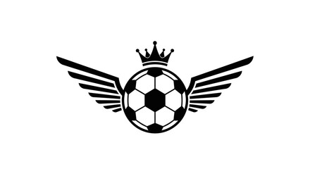 A stylized black and white graphic of a soccer ball with wings and a crown.