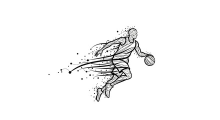 Dynamic illustration of a basketball player dribbling the ball with a sense of motion and energy, rendered in a sketch-like, abstract style.