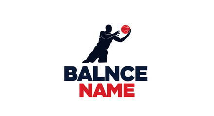 Dynamic logo featuring a dark blue silhouette of a basketball player holding a red basketball above the brand name 