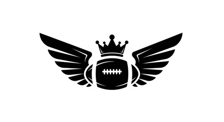 A black and white silhouette logo of an American football adorned with a royal crown and majestic wings.