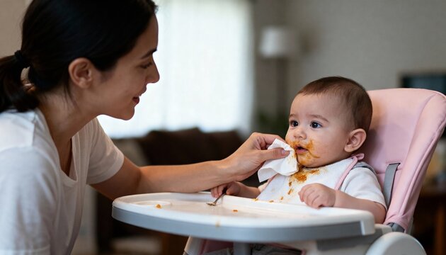 Mom wiping babys face with tissue in natural indoor light with calm intimate mood and food detail