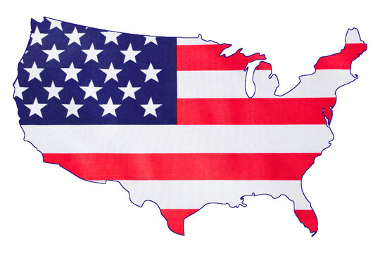 A patriotic representation of the United States map filled with the stars and stripes of the national flag isolated on a white background - Powered by Adobe
