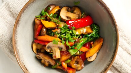 Vibrant gourmet mushroom stir-fry showcasing fresh vegetables herbs and a delicious glistening sauce
