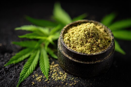 Detailed Macro shot of Kief in Grinder. Showcasing the Essence of Sativa & Indica for Natural Wellness