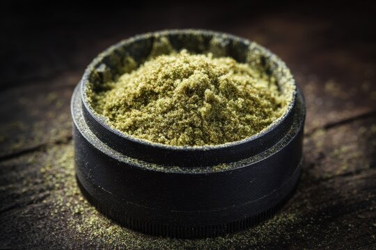 Detailed Kief Texture in Grinder. Close-Up of Cannabis for Medical Use. Sativa and Indica Blend. Nature's Wild Green Leaf Extract.