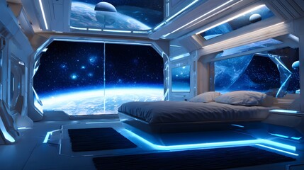 Obraz premium Luxurious futuristic bedroom design showcases a serene galaxy view through expansive panoramic windows