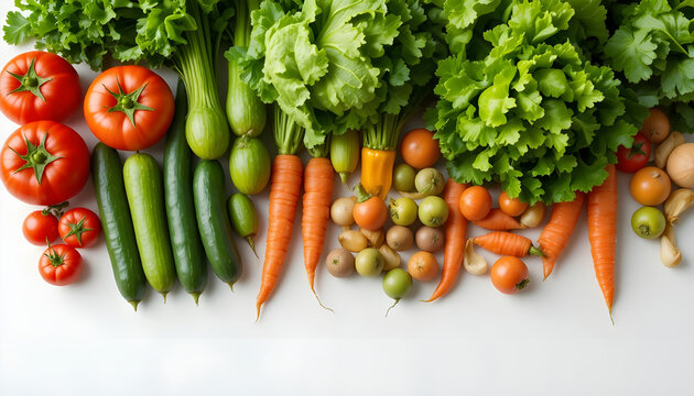 Fresh garden vegetables arranged on a white surface healthy food display