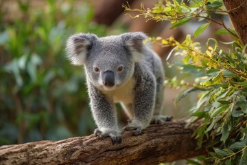 Naklejka premium Adorable Giant Koala Strolling Along Eucalyptus Branch in Australian Outback