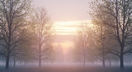 Misty forest landscape at dawn with bare trees and soft light.