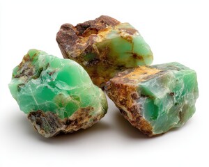 Untreated Chrysoprase Gemstones: Natural Green Mineral Rocks on White Background
